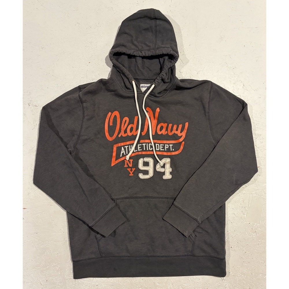 Y2K VTG Old Navy Mens XL Gray Athletic DEPT Logo Hoodie Sweatshirt Distressed